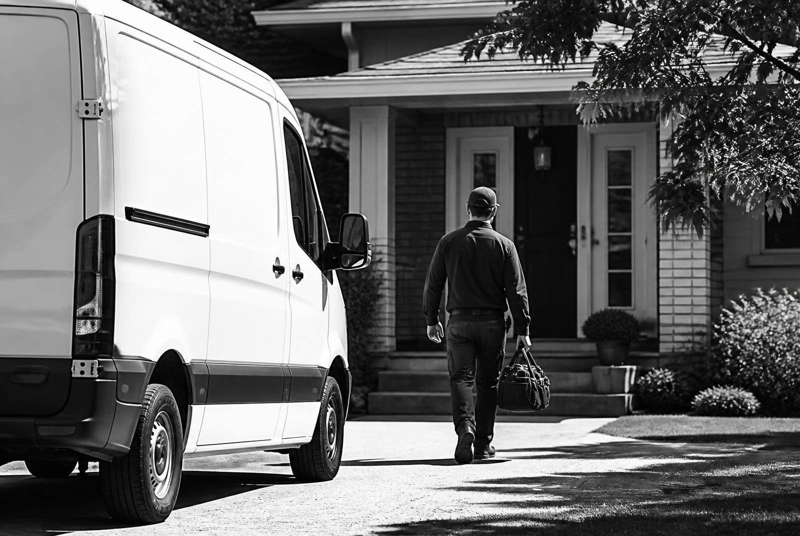 A service technician with a tool bag walking from a company van to a residential front door.